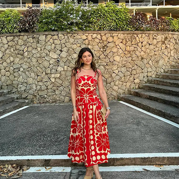 Fashion Red Print Spaghetti Strap Dress Women Sexy Backless Sleeveless Sling Robe Summer Female Casual Party Beach Vestidos