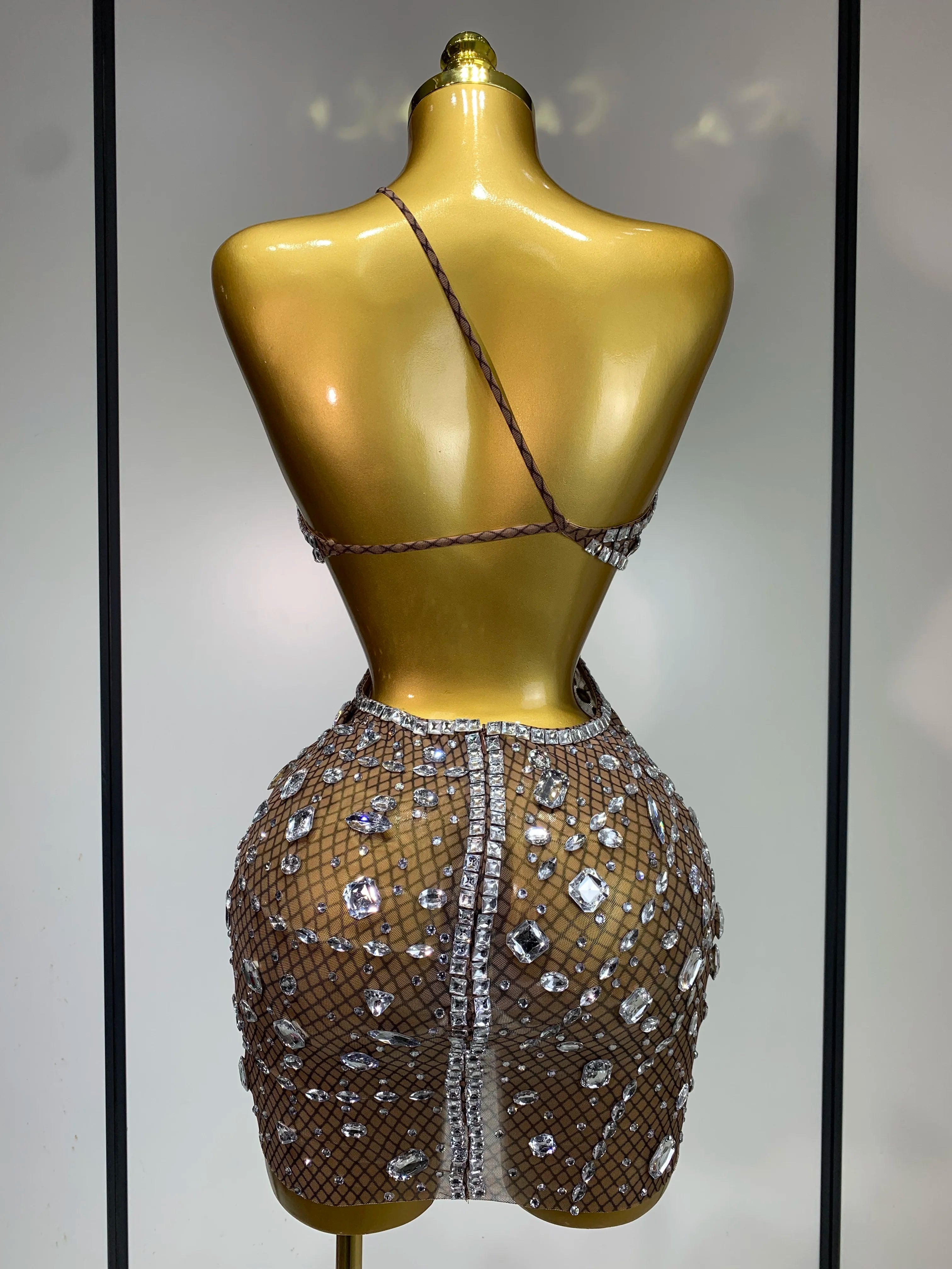 Sexy Sparkly Diamond Backless Short Dress 2025 Women Sleeveless Mesh See Through Evening Birthday Gown Singer Stage Outfit