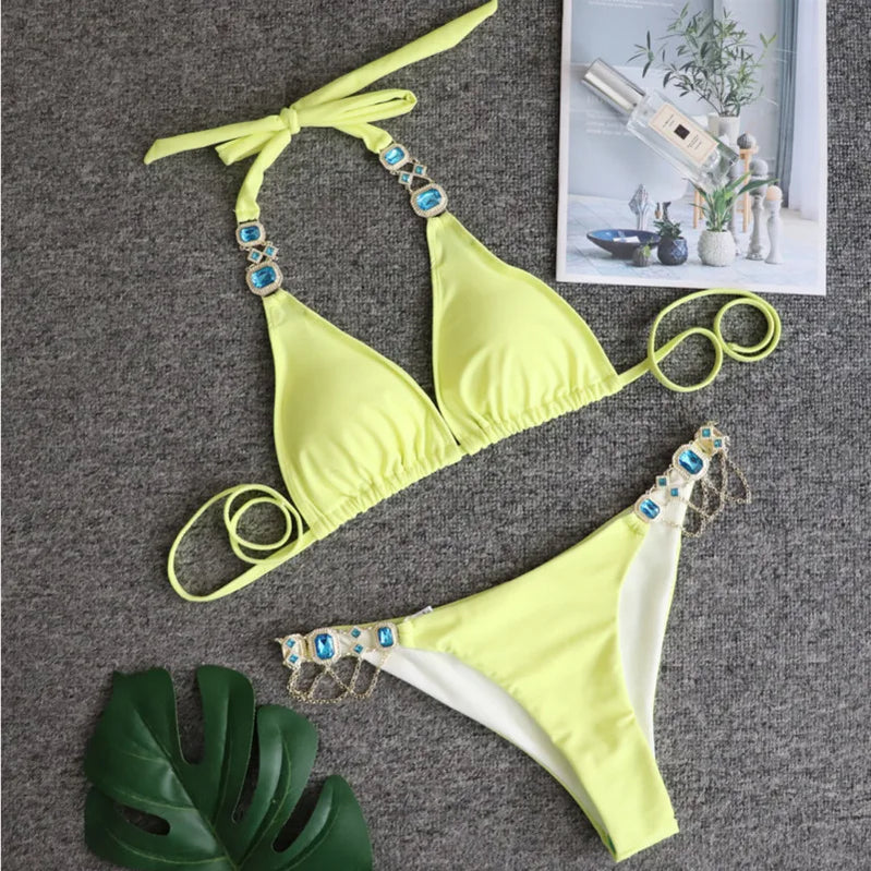 Black Sexy Bikinis Swimsuit With Rhinestones Women's Swimwear Female Push Up Bikini Beach Swim Wear Bathing Suits Pool Bather A23081401D