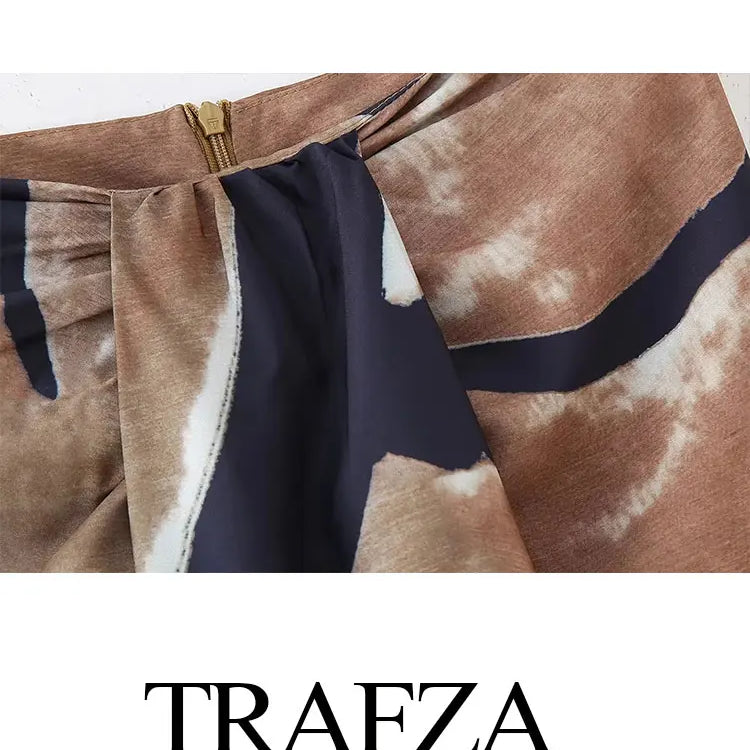 TRAFZA Women's High Waist Front Pleated Zipper Fly Casual Skirt Summer Women's Fashion Chic Printed Wrap Skirt Streetwear