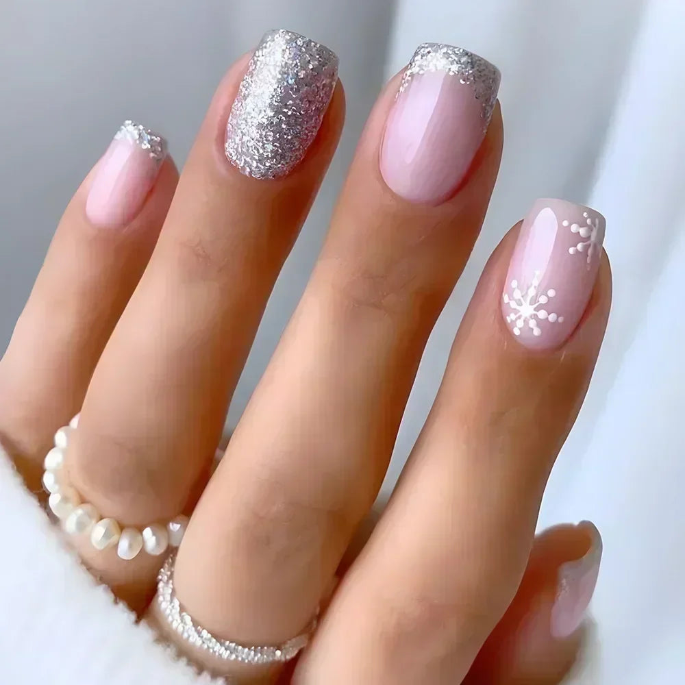 24Pcs Fashion Fake Nails Press on Short Square Head False Nail Art Black Starlit Sky Design Artifical Full Cover Nail Tips