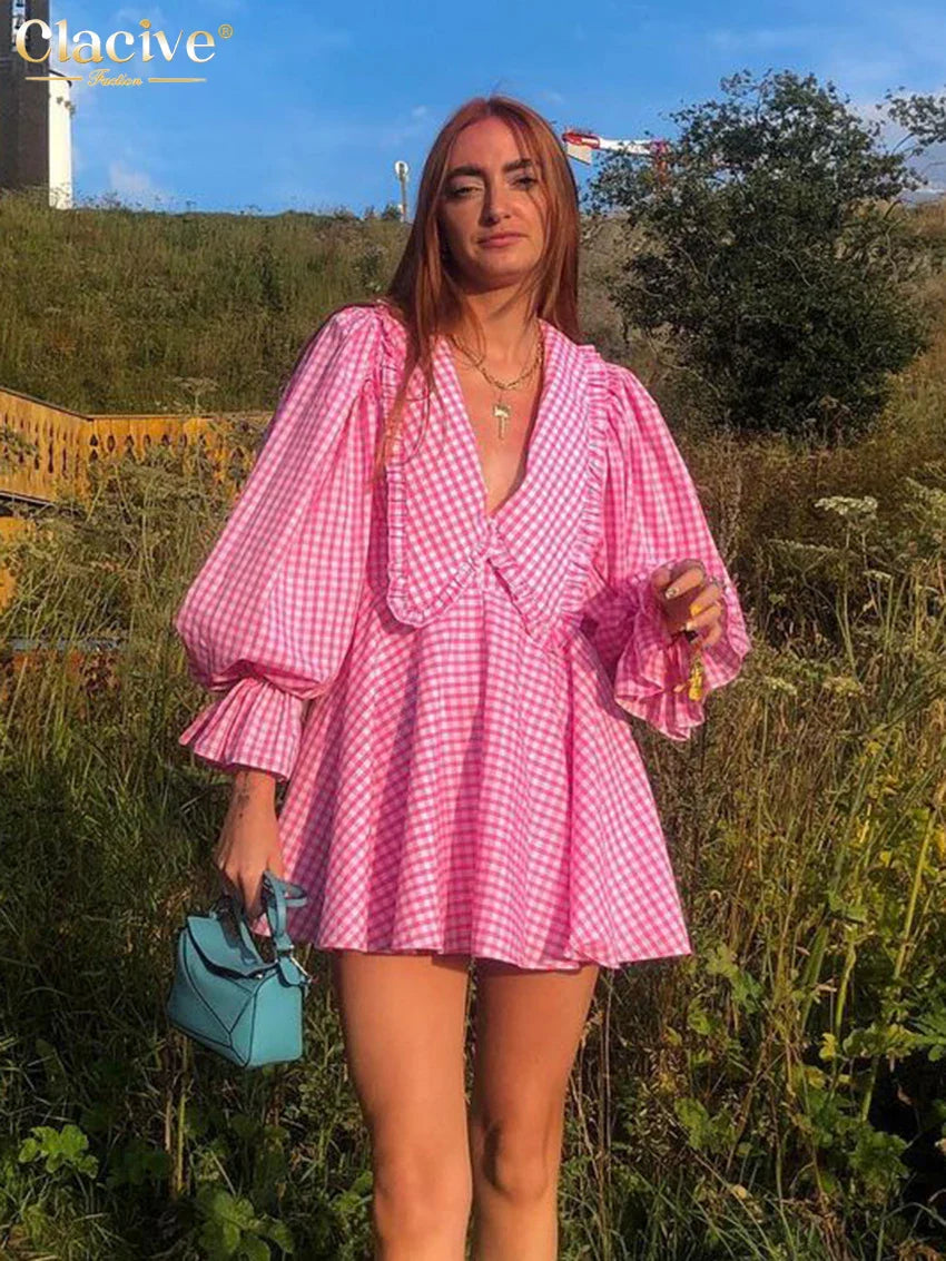 Clacive Sexy Deep V-Neck Print Women'S Dress Fashion Doll Collar Lantern Sleeve Mini Dresses Elegant Pink Pleated Female Dress Pink