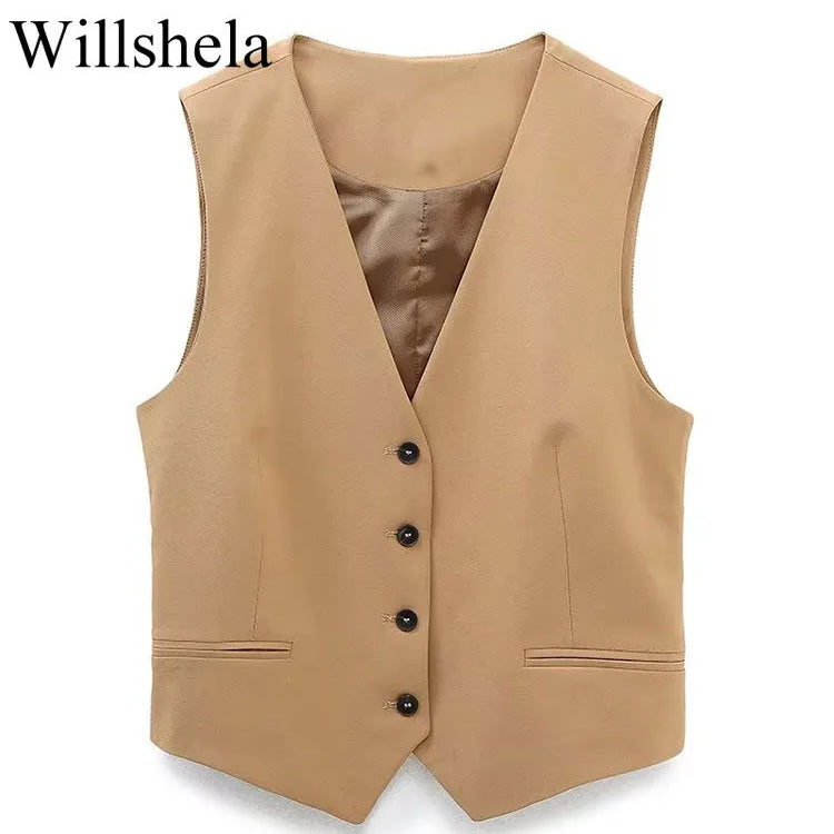 Willshela Women Fashion Khaki Cropped Vest V-Neck Single Breasted Sleeveless Female Chic Lady Outfit Short Top Tank
