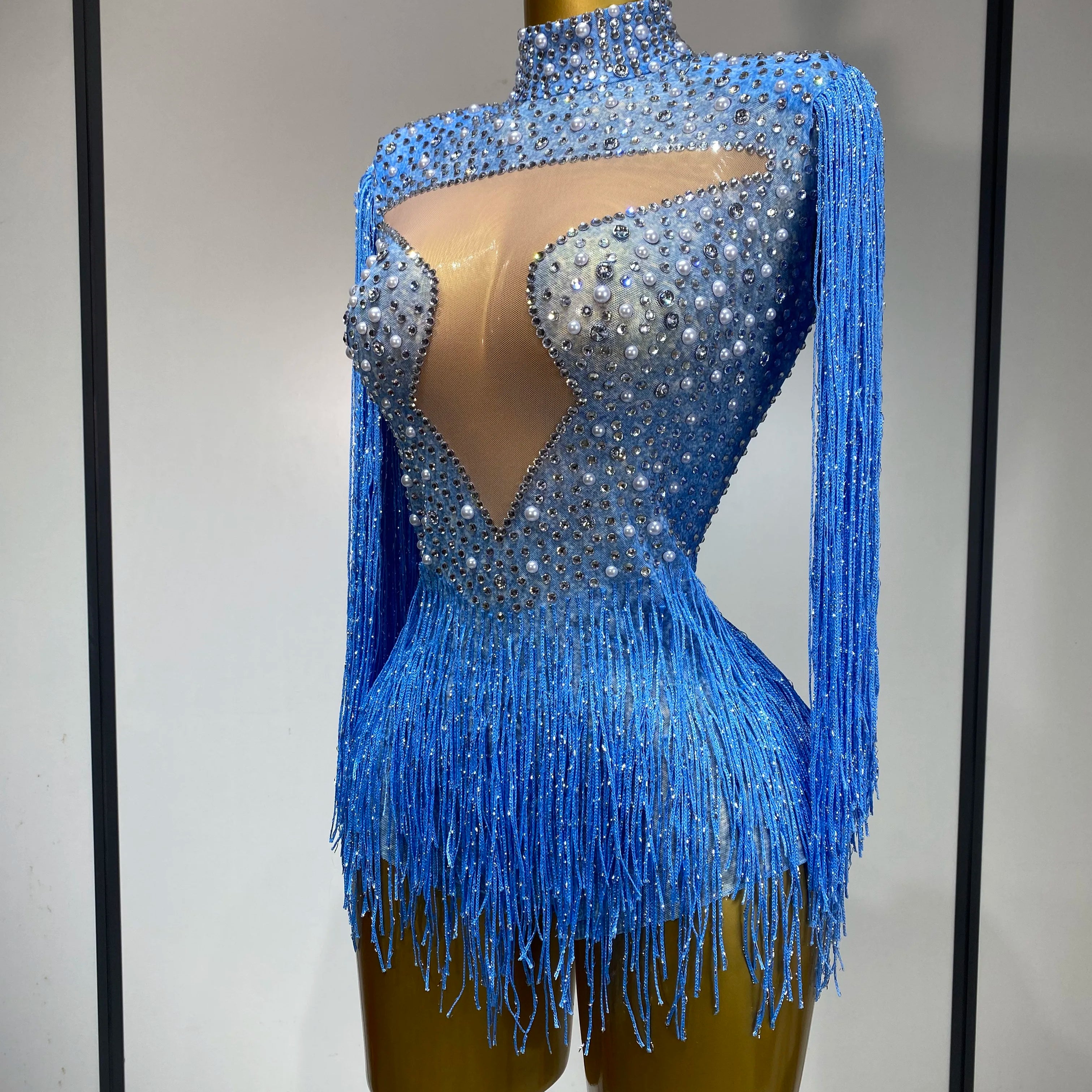 Sparkly Luxury Tassel Bodysuit High Street Strech Transparent Performance Dance Costume Nightclub Celebrate Stage Outfit
