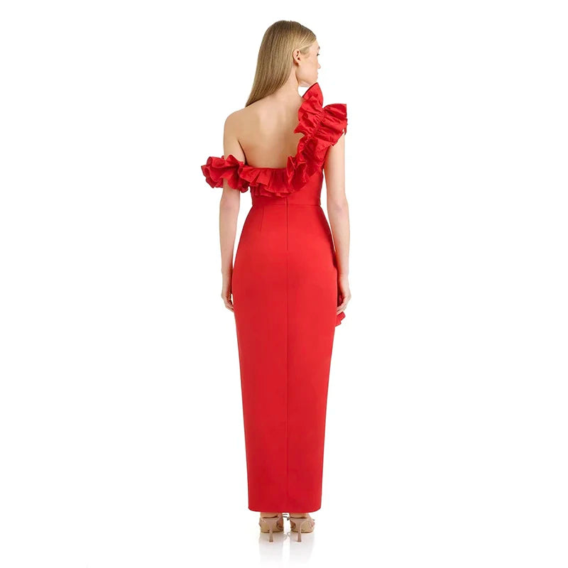 Red Black Women Sleeveless Sexy Off the Shoulder Ruffles Bodycon Long Bandage Dress Nightclub Party Celebrate Cocktail Dress