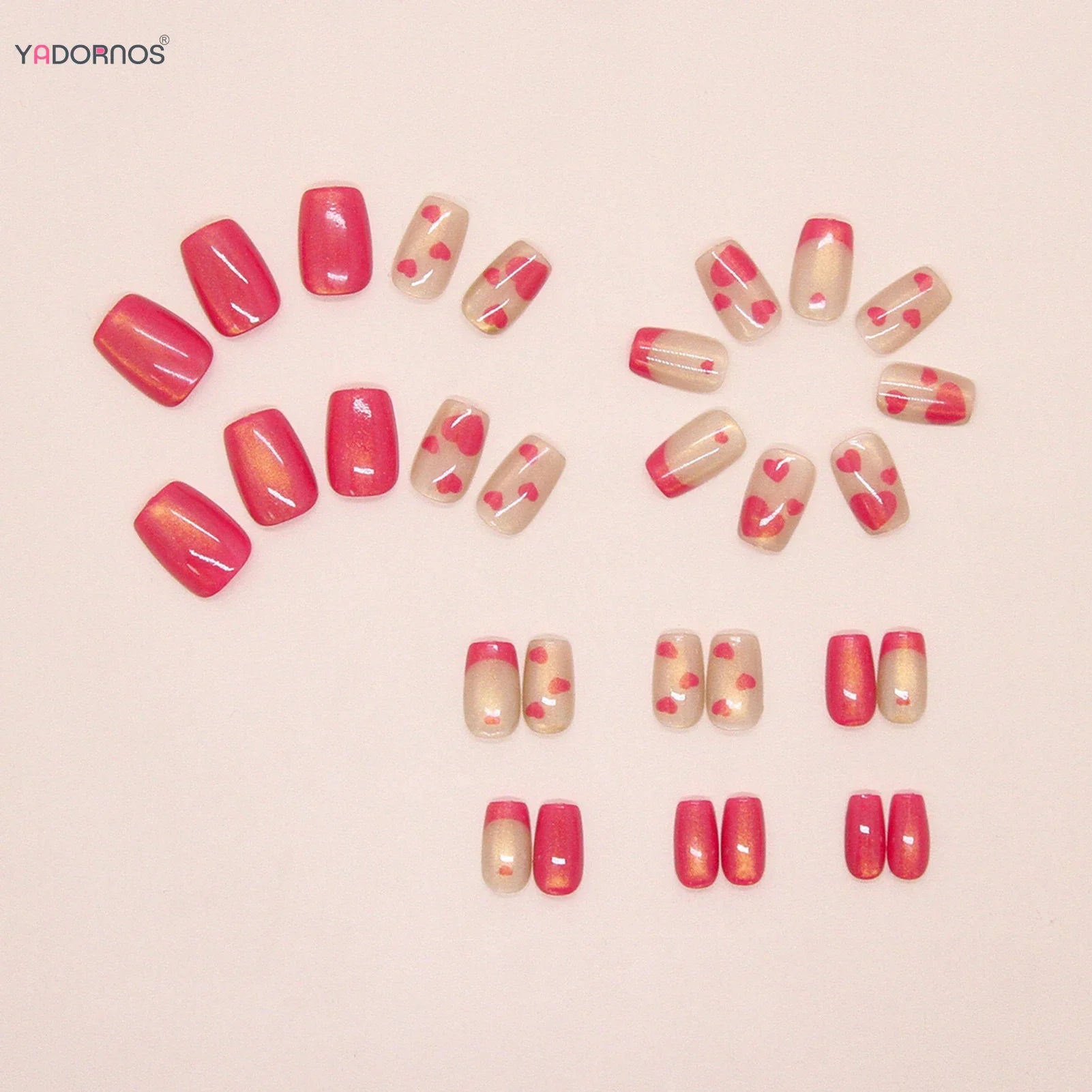 Glossy Pink French Fake Nails 30Pcs Short Square Press On Nails Love Heart Printed Detachable Charm Manicure Nails Supplies
