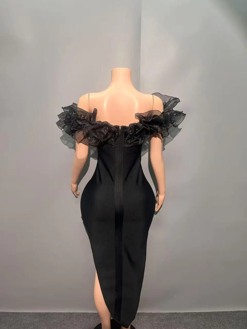 Women Slash Neck Ruffles Bodycon Bandage Mid-calf Dress Celebrate Nightclub Party Birthday Outfit Wholesale