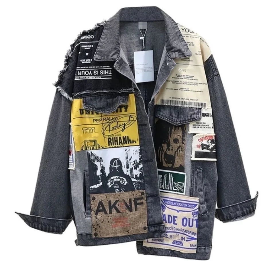 Vintage Full Sleeve Appliques Newspaper Pattern Large Size Black Denim Jacket Leisure Trend Coat Autumn New Jeans Jacket DF4950