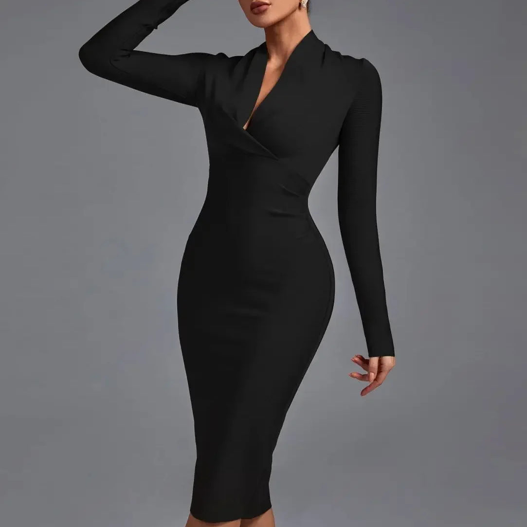 Draped Bandage Dress Women Long Sleeve Bandage Dress Bodycon Elegant Sexy Midi Evening Party Dress Summer Club Outfits black