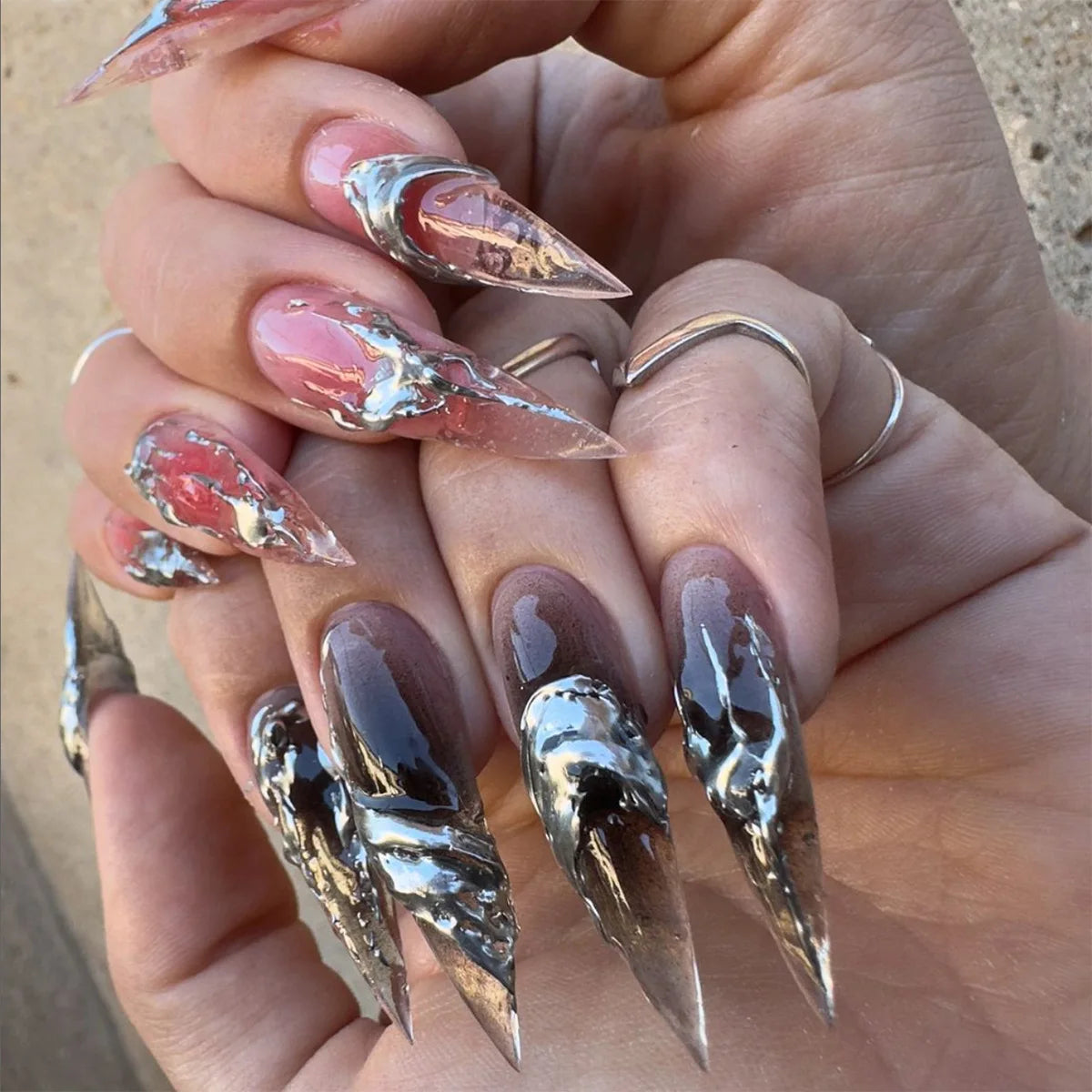 24Pcs Long Press on Nail Full Cover Rainbow Jump Color Design Gradient Stiletto Almond Manicure Simple Style Acrylic Fake Nails
