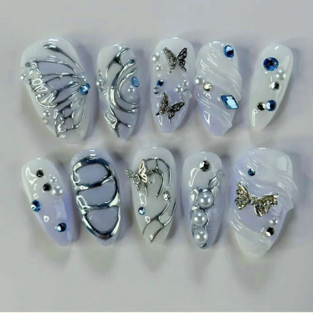 24Pcs Mid-length Almond False Nails Press on 3D Butterfly Pearl Bow Design Fake Nails Rhinestone Wearable Full Cover Nails Tips