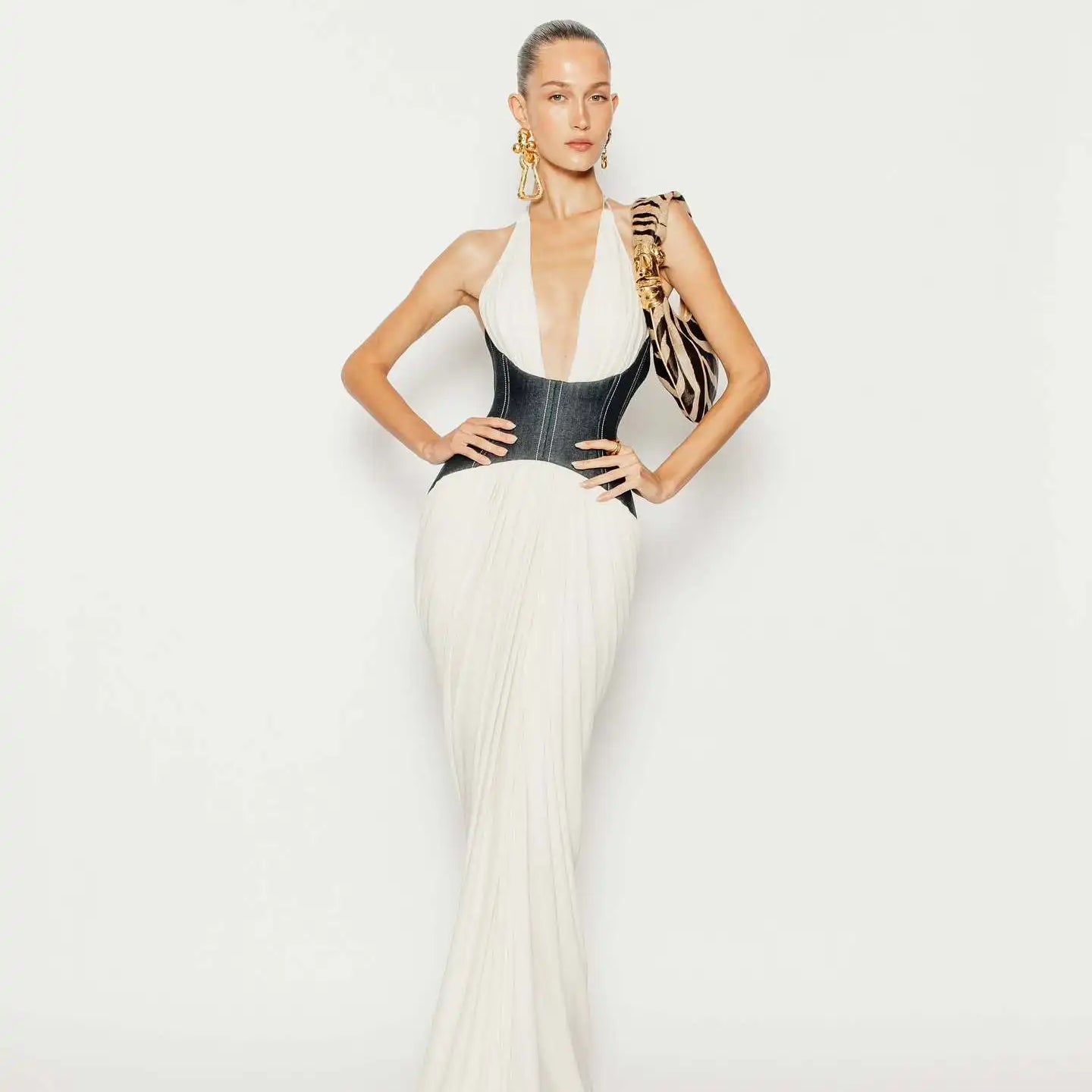 Denim Waistband Patchwork Sexy V-Neck Halter Mermaid Floor Length Dress Fashion Woman Party Dress Holiday Vocation Outfit