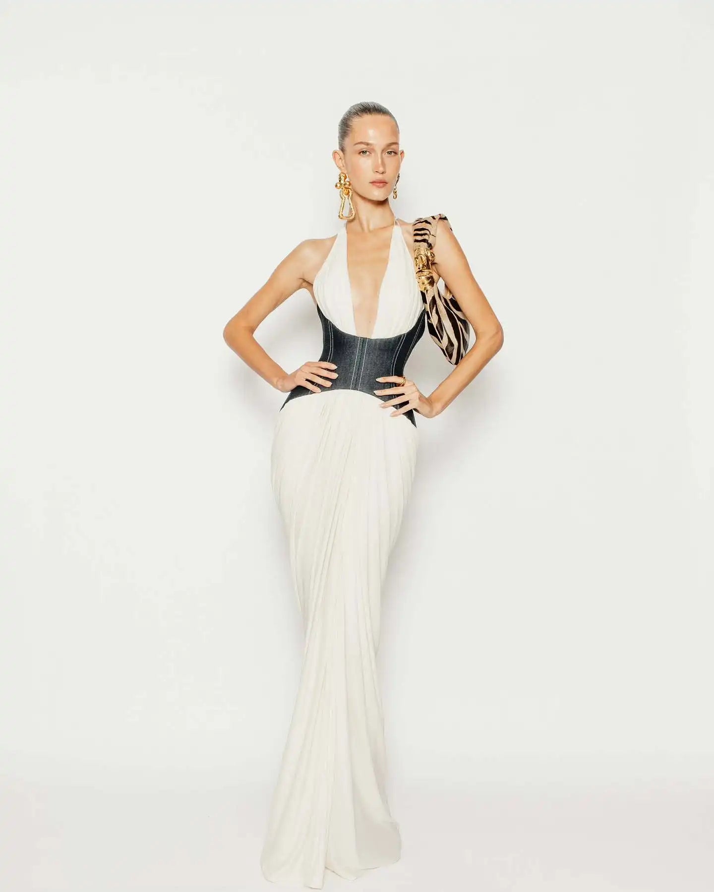 Denim Waistband Patchwork Sexy V-Neck Halter Mermaid Floor Length Dress Fashion Woman Party Dress Holiday Vocation Outfit