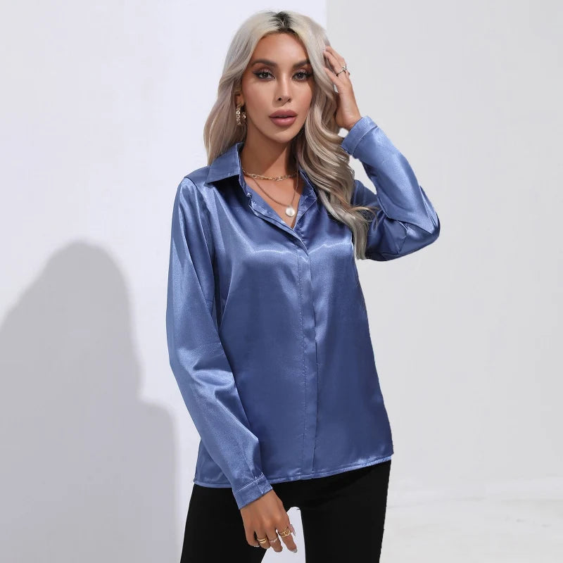 Spring Autumn Satin Shirt Women V Neck Long Sleeve Office Shirt Blouses Ladies Black White Silk Loose Shirts For Women L
