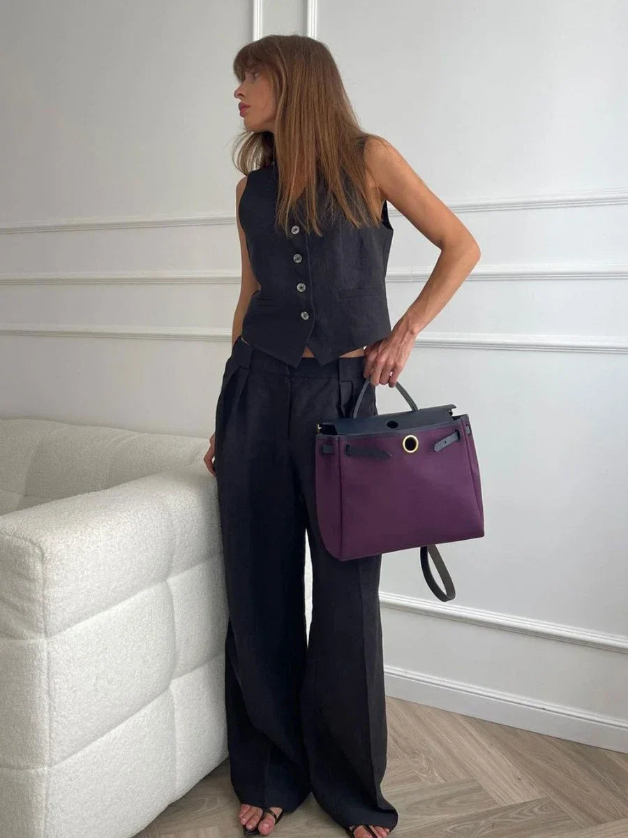 Wolfeel Womem Linen Cotton Chic Vest & Pants Suit Two-Piece Set Office Ladies Summer Chic 2 Piece Sets Womens Outfits black