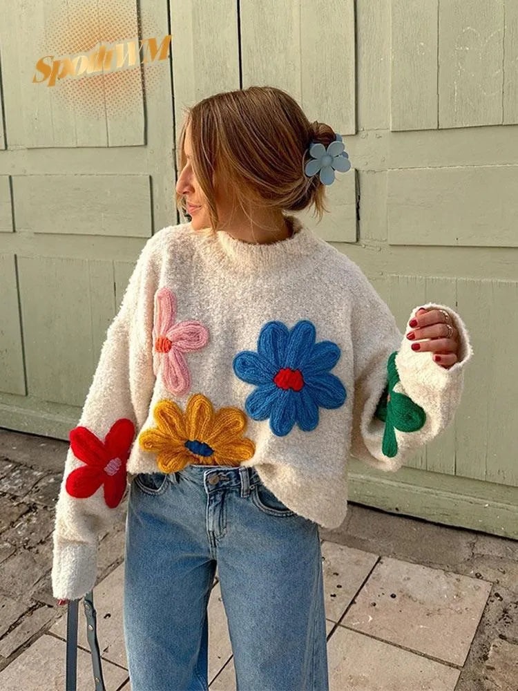 Vintage Flower Embroidery Sweater Women Loose Long Sleeve O-neck Knitted Pullover Autumn Female Thick Casual Streetwear