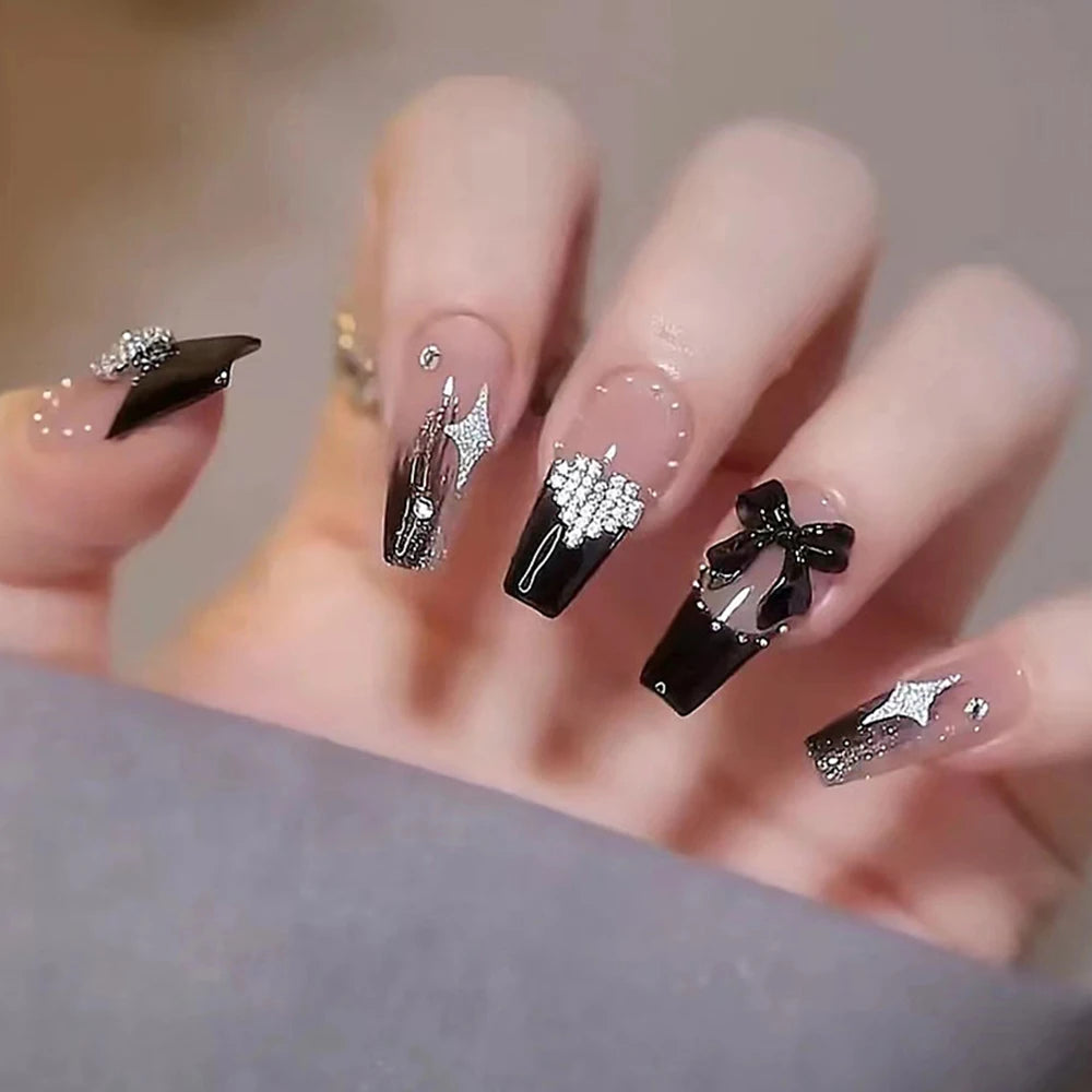 Red Tip False Nails With 3D Flower Decor Lightweight And Easy To Stick Fake Nail For Daily And Parties Wearing Portable Nail Art
