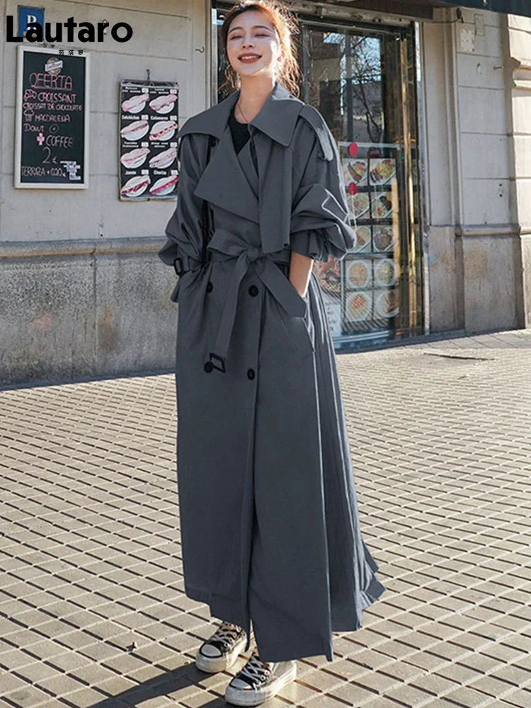 Spring Autumn Extra Long Flowy Oversized Casual Trench Coat for Women Belt Double Breasted Loose Korean Fashion 2022
