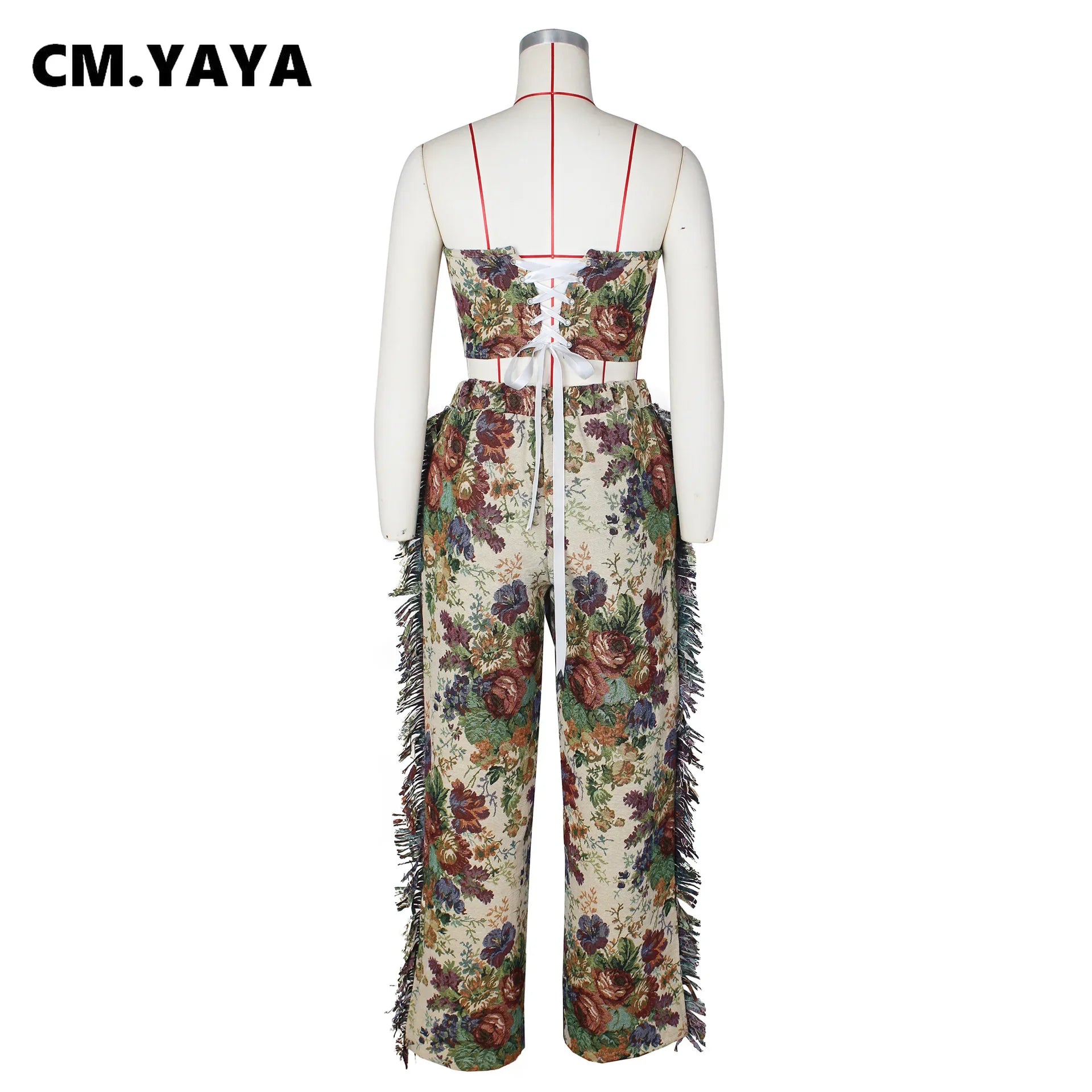 CM.YAYA Fashion Print Women's Set Strapless Top and Wide Leg tassel Pants Summer Cargo Street Two 2 Piece Set Outfit Tracksuit