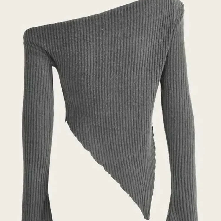 Women Solid Autumn Winter Grunge Asymmetrical Neck Rib-knit Tee Strapless Blouse Long Sleeve Casual Sweater Handkerchief Hem