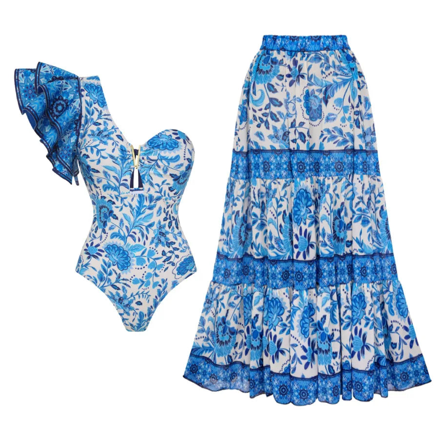 Sexy One Piece Swimsuit Push Up Swimwear Women Ruffle Monokini Cover Up Shoulder Swimsuit Bodysuit Bathing Suit Skirt SET 6