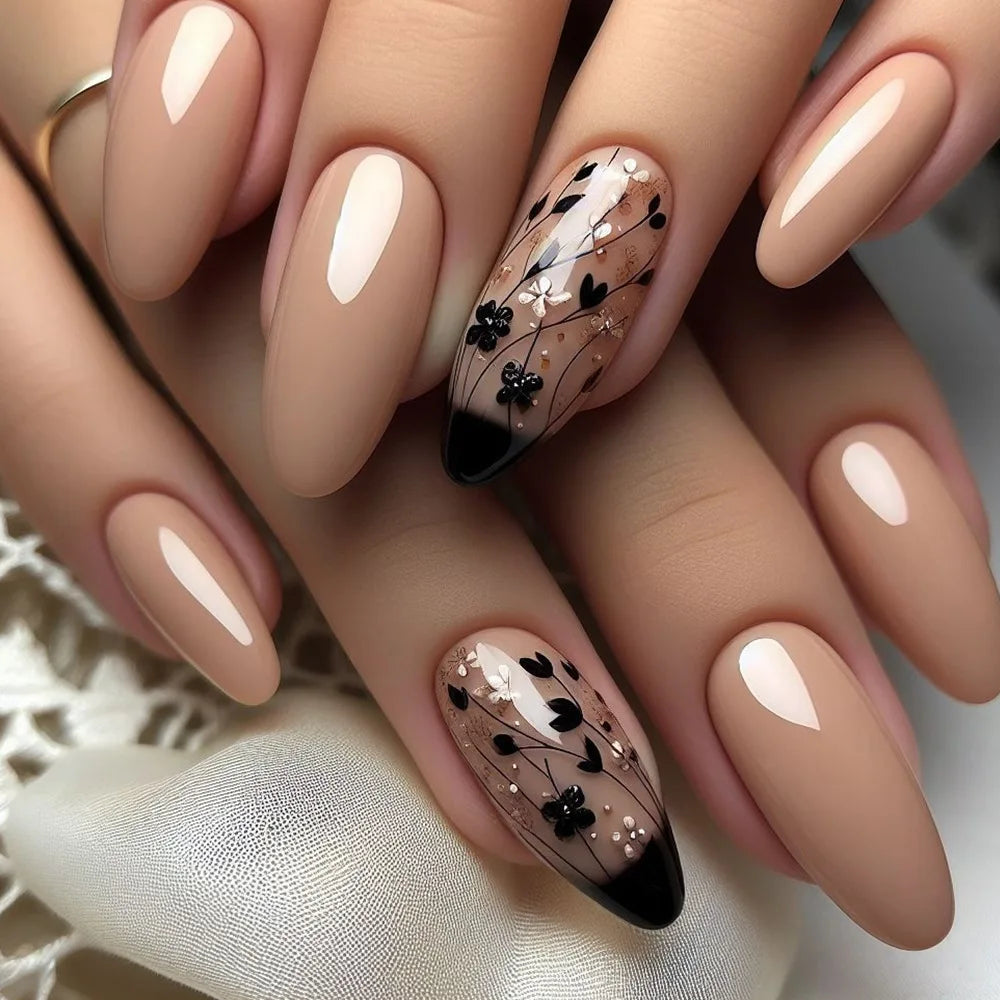 24Pcs Black French Fake Nails Art Nebula Gradient Space Mid-length Almond Press on False Nails Planet Wearing Finished Nail Tips