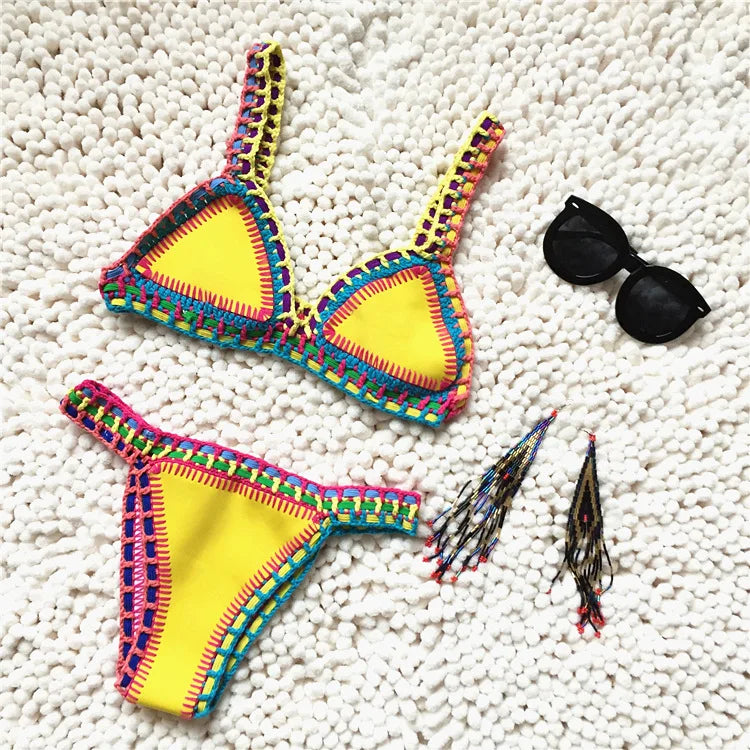 Knitted Bikini 2-piece Swimsuit for Women,summer Beach Vacation Bathing Suit,sexy Triangle Cup V-neck Suspender Swimwear Yellow