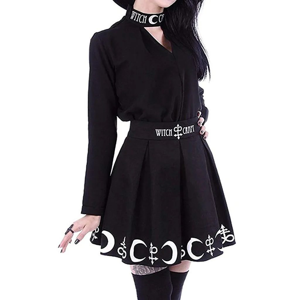 Women Gothic Punk Witchcraft Moon Spell Pleated Mini Skirt Faldas Gothic Kawaii Big Size Mini Short Skirt Korean Fashion