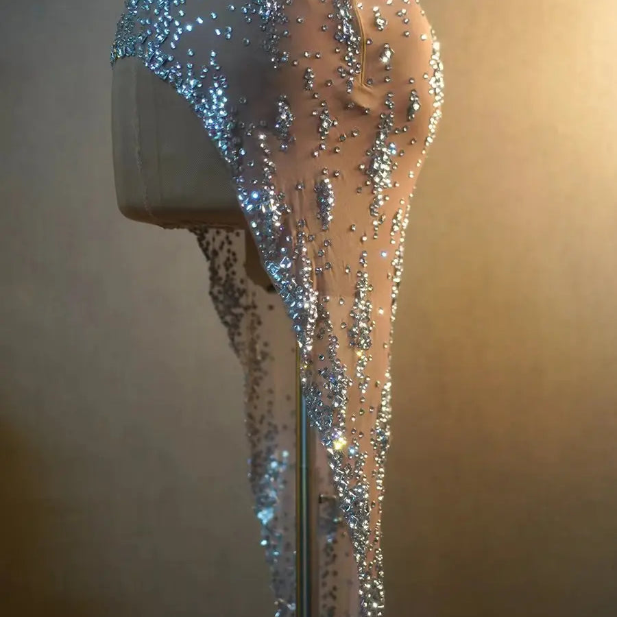 Nightclub Mini Dress Singer Stage Performance Wear Bar Party Asymmetrical Dress Sparkly Rhinestones Sleeveless Mesh Dress Xinghe