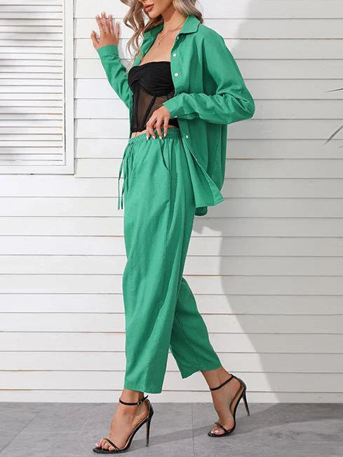 Women's Summer Suit with Pants Summer Loose Wide Leg Trousers Elegant Two Piece Suit Set for Women Buttons T-shirts Outifit Green