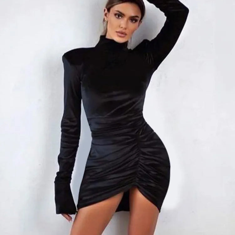 Sexy Velvet Mini Dresses Women Fashion Long Sleeve Solid Streetwear Slim Sheath Skinny Bodycon Vestidos Robes Female