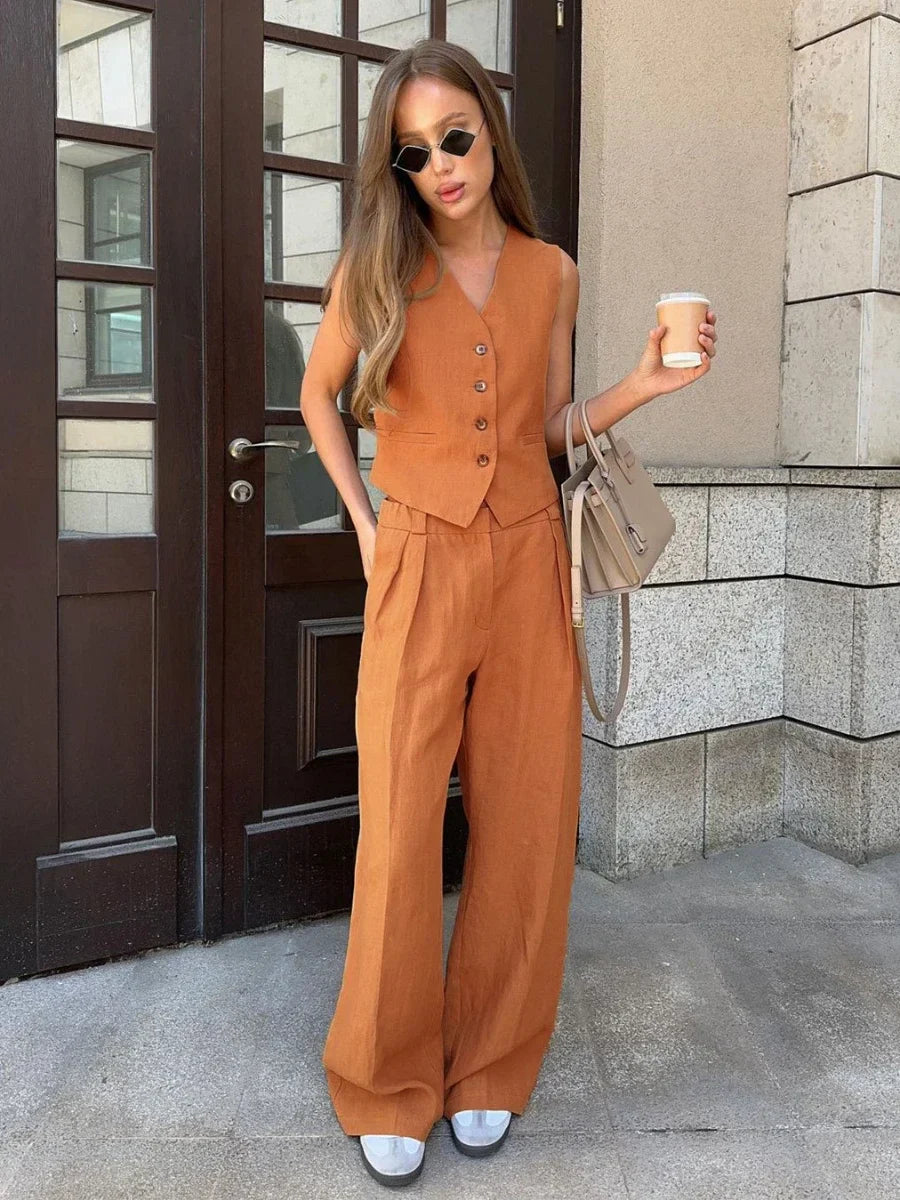 Wolfeel Womem Linen Cotton Chic Vest & Pants Suit Two-Piece Set Office Ladies Summer Chic 2 Piece Sets Womens Outfits