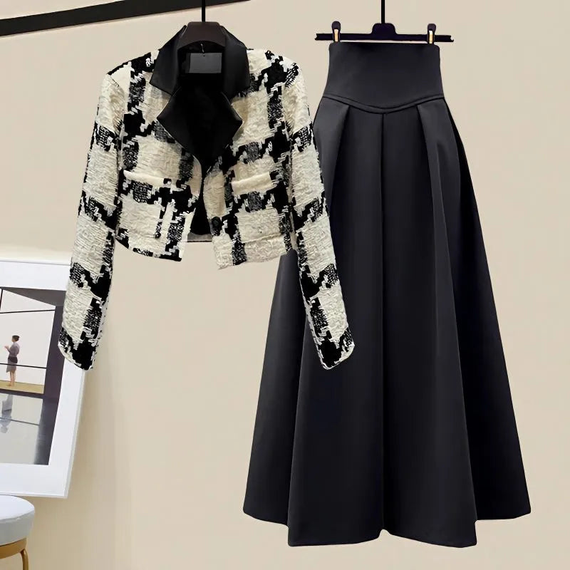 Spring and Autumn Set Women's New Korean Edition Plaid Suit Top Slim and Versatile Half Skirt Two Piece Set Two-piece suit 01