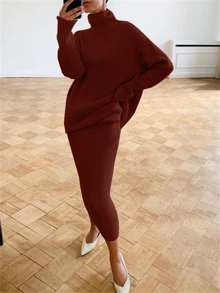 new Ribbed Knit 2 Piece Dress Set Outfits Ladies Knitwear Top And Midi Skirt Sets For Women Casual Winter Sweater Sets Claret