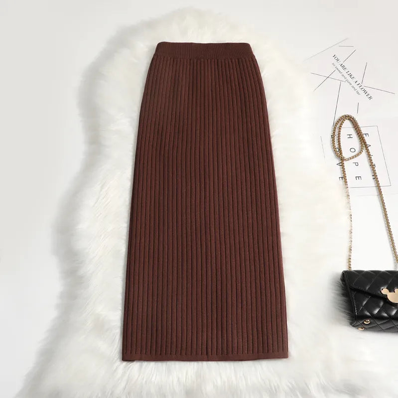 Women sweater skirt pencil midi knitted skirt high waist skirts womens winter long warm knitting skirts split bottoms coffee