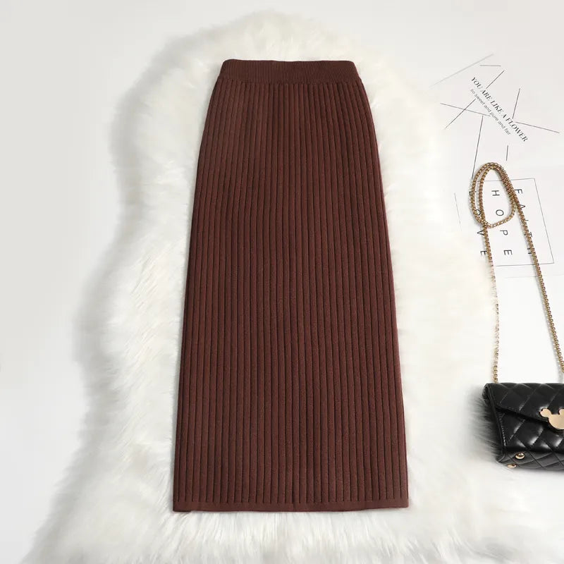Women sweater skirt pencil midi knitted skirt high waist skirts womens winter long warm knitting skirts split bottoms coffee
