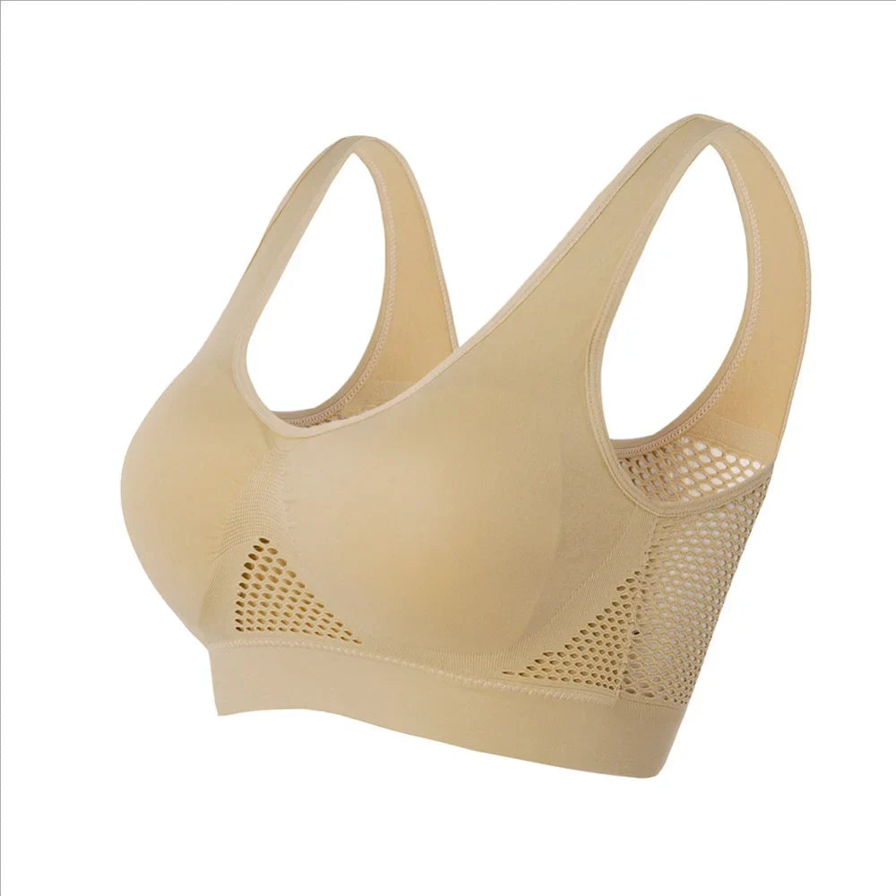 Seamless Mesh Women Sports Bras Fitness Gym Running Underwear Shockproof Bra Wireless 6XL Plus Size Crop Top Breathable Yoga Bra Beige