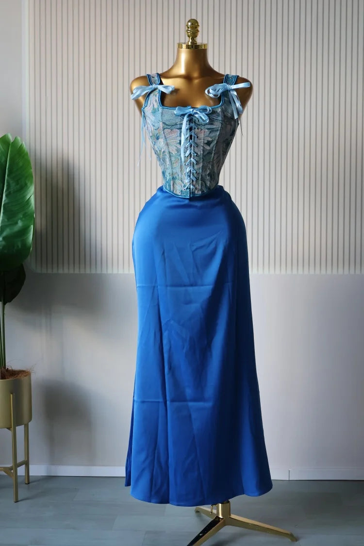 CM.YAYA Women's Dress Set Print Bow Corset Top and Maxi Long Skirt Suit 2025 Summer Elegant Evening Two 2 Piece Set Outfits