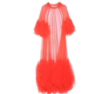 DEAT Summer Women's Dress New Fashion Round Neck Loose Gauze Spliced Ruffles Sleeve Ankle-length Dresses Female JR77101 red One Size