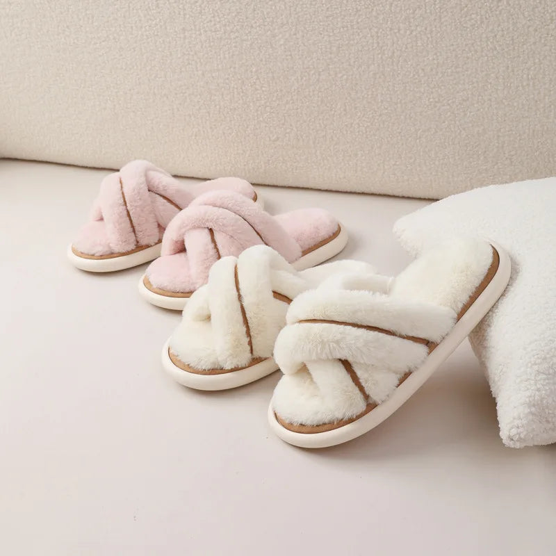 Winter Women Home Indoor Casual Slippers Female Flip Flops Fluffy Shoes Cross Design Slides Ladies Soft Warm Plush Slipper