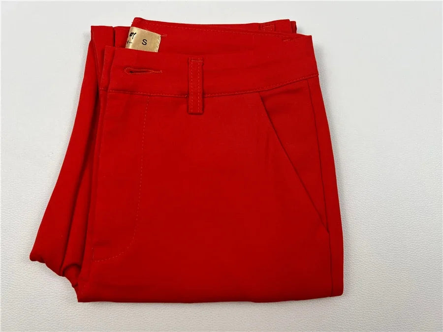 S-4xl Big Size Office Pencil Pants Womens Formal New Elegant OL Work Pantalones Elastic Cotton Slim Ankle-length Trousers orange red