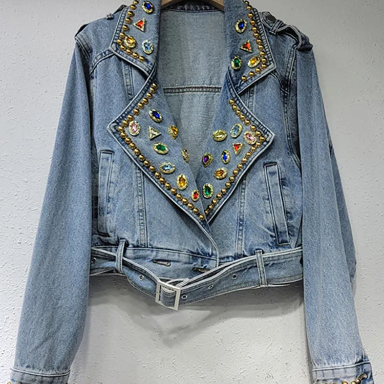 Women's Denim Coat Colored Embroidered Flares Rivet Long Sleeve Belt Waist Short Jackets Autumn New Fashion