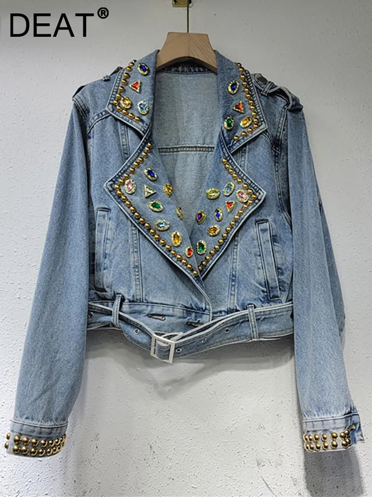 Women's Denim Coat Colored Embroidered Flares Rivet Long Sleeve Belt Waist Short Jackets Autumn New Fashion