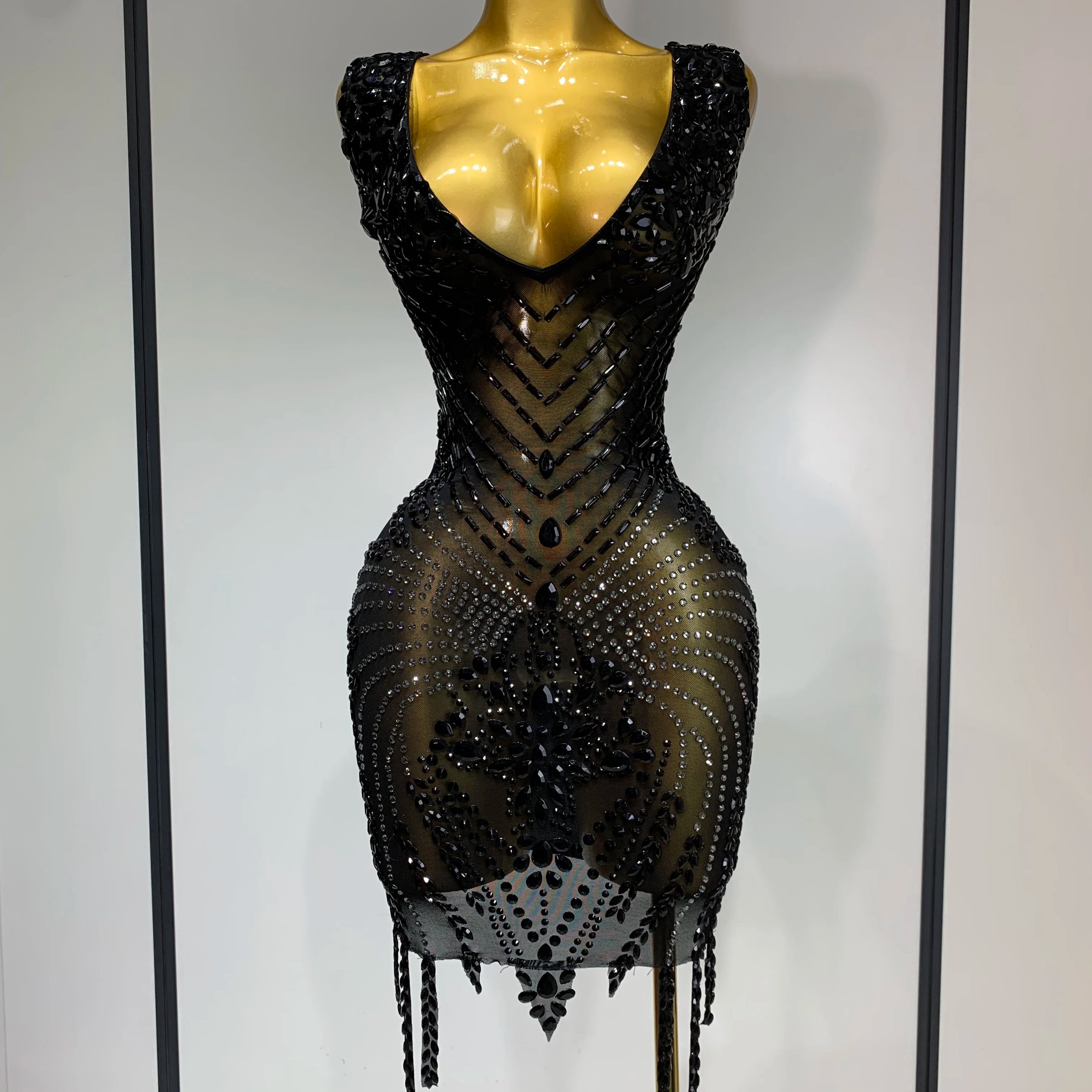 Women Sexy Stage Performance Outfit Sparkly Rhinestones Bodycon Dress Birthday Celebrate Evening Party Nightclub Mesh Dress