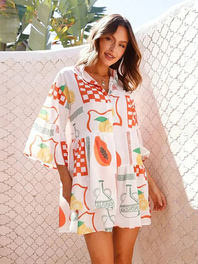 Print Flare Sleeve Ruffled Mini Women's Dress Elegant Shirt Collar Button Vestidos Spring Casual Loose Beach Female Dresses Figure Color 4