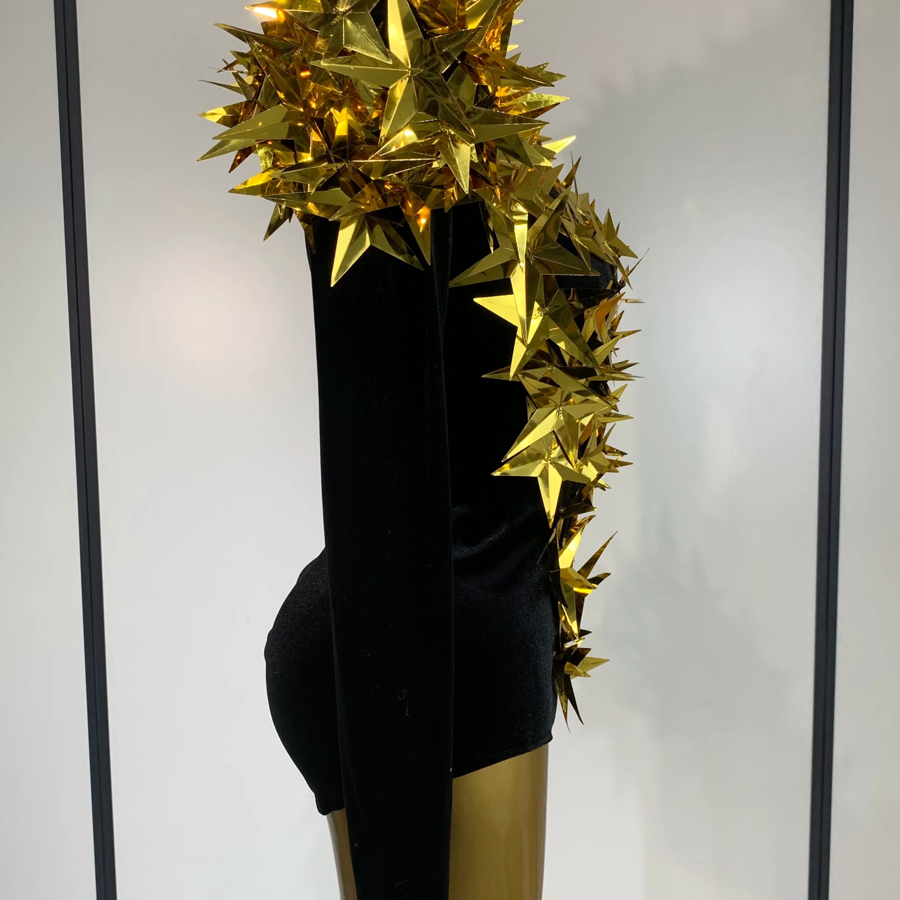 Women Sparkly Gold Rhinestone Black Velvet Long Sleeve Bodysuit Evening Party Club Gala Hosts Night Club Bar Stage Costumes