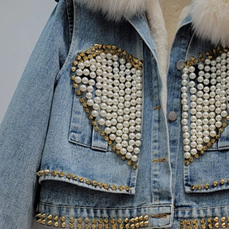 Women's Denim Coat Fox Collar Heart Beading Embroidered Flares Rivet Plush Thick Jackets Winter New Fashion