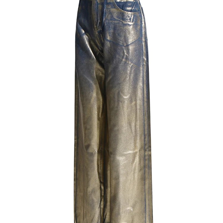 Colorblock Casual Loose Pants For Women High Waist Spliced Button Streetwear Straight Leg Pant Female Fashion