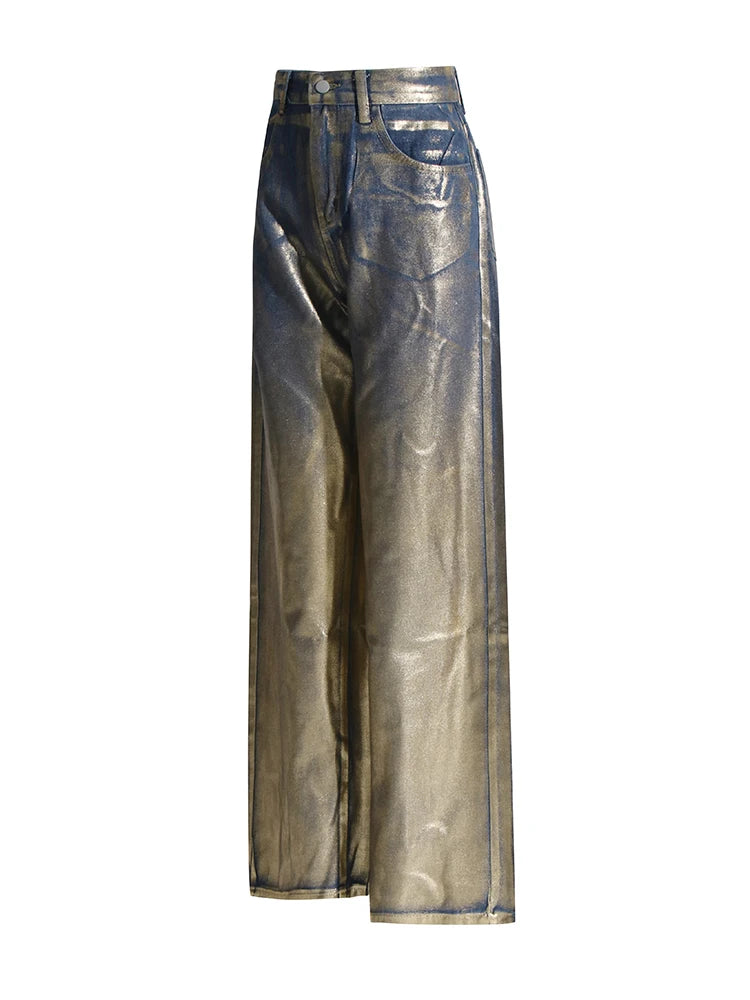 Colorblock Casual Loose Pants For Women High Waist Spliced Button Streetwear Straight Leg Pant Female Fashion