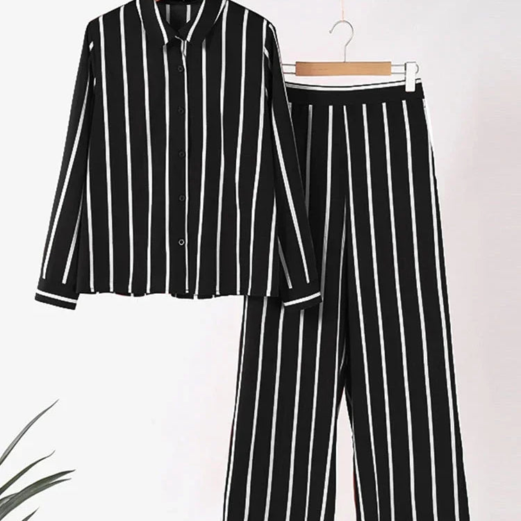 Plus Size 5XL VONDA 2025 Women Pants Sets Matching Sets Vintage Striped Shirt Trouser Casual Two-Piece Sets Office Lady Suits